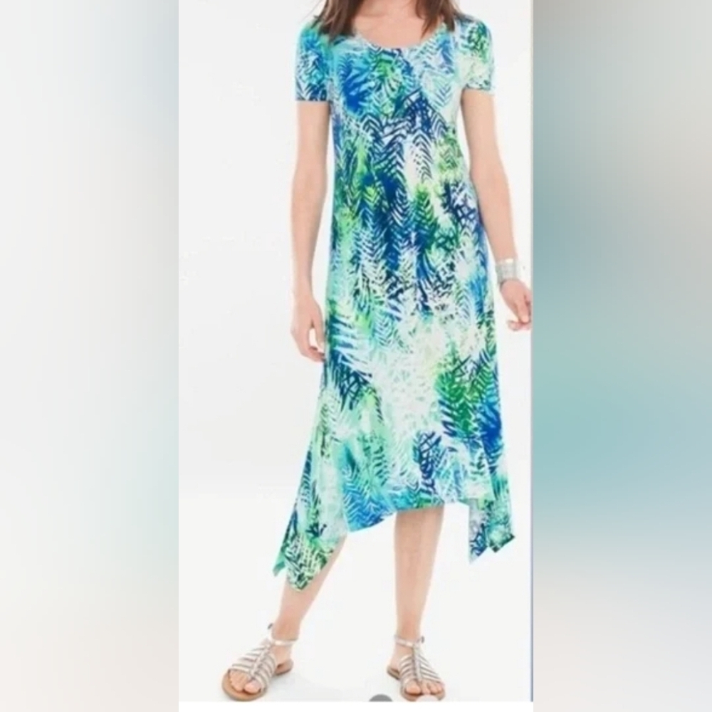 Chico's Asymmetrical Midi Dress Blue Green Palm Print Stretch Tie Back Women 0 S